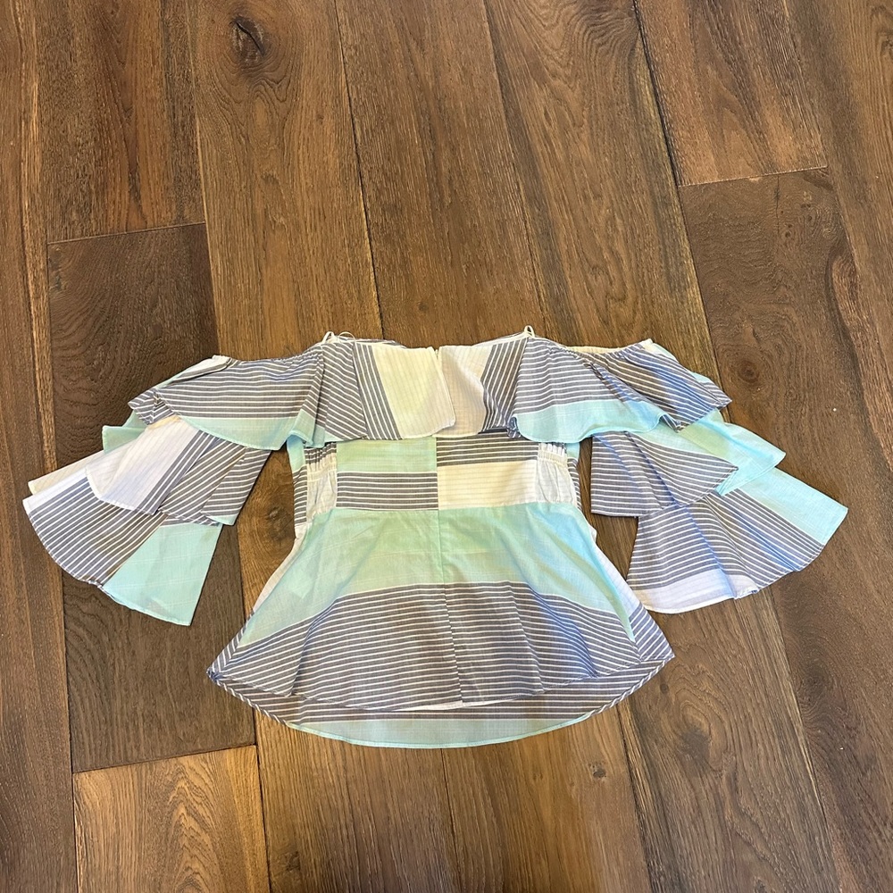 EUC Amanda Uprichard Callisto White Blue Striped Ruffle Off The Shoulder Top S